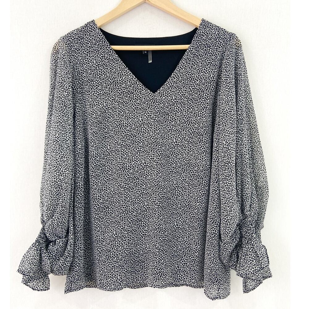 NEW 1. State Women's V Neck Blouse size Medium Puff Sleeve Ruffle Chiffon